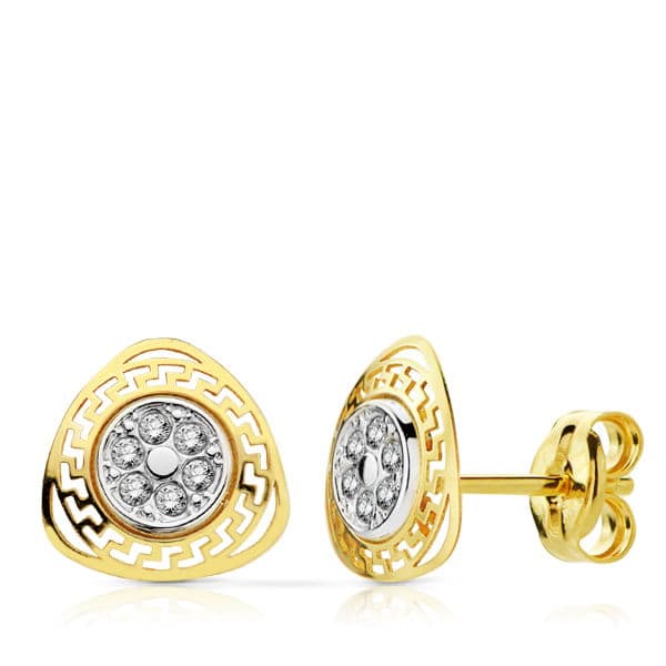 Brincos em ouro bicolor 9K Openwork Triangle Greca com zircônia 8 x 8 mm