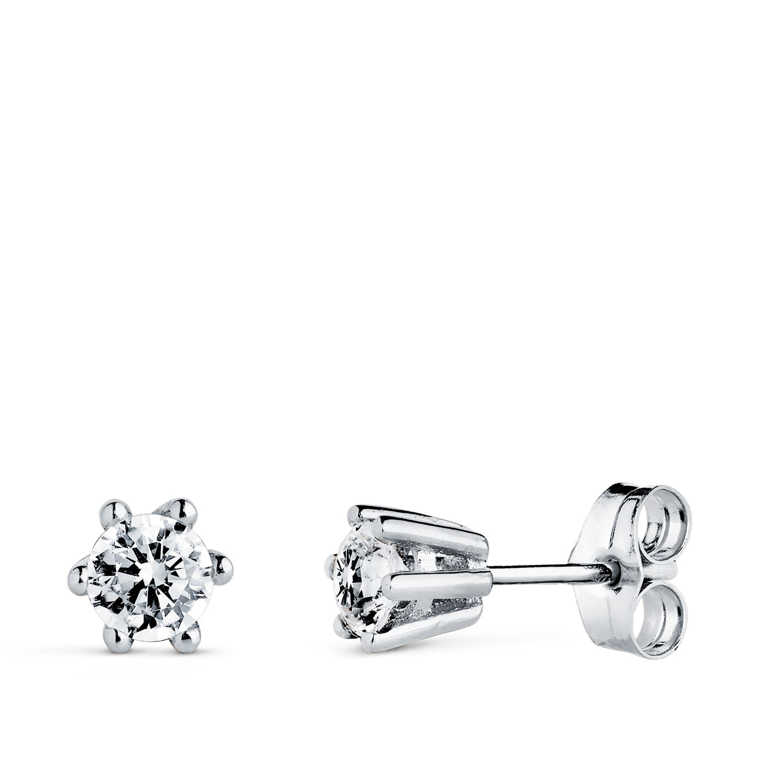 Boucles d'oreilles en Or Blanc 18 Carats, 6 Griffes, avec Zircone Cubique. Dimensions : 6 X 5,5 Mm. Fermoir à Pression.