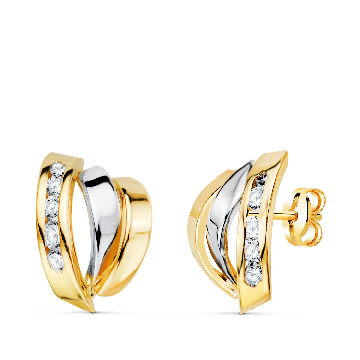Pendientes Oro Bicolor de 18K con Circonitas Tamaño: 15X10 mm Cierre Mosquetón