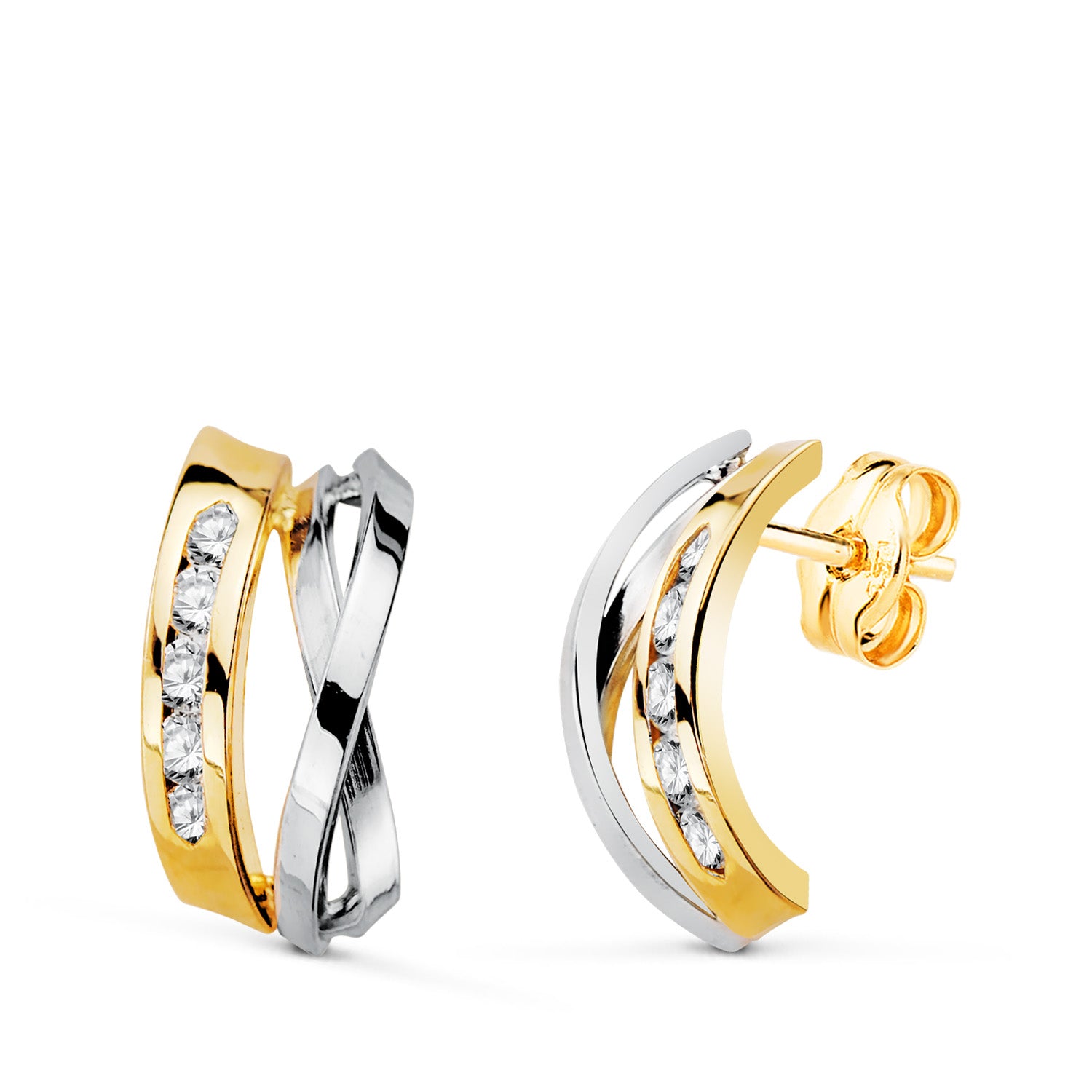 Cercei din aur bicolor de 18K cu șină de zirconi Măsură: 16X7,5 mm închidere cu apăsare fluture