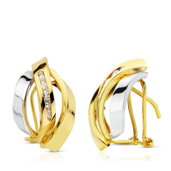 Pendientes Oro Bicolor 18K Bandas 17 X 11 mm Cierre Omega