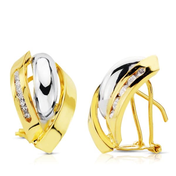 18K Boucles d'oreilles Or Bicolore Bandes 17 X 11 mm Fermoir Omega