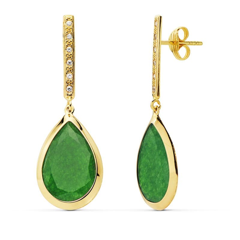 Boucles d'oreilles Pierre Verte 18K Or Jaune 33X12 mm Fermoir Poussettes Papillon