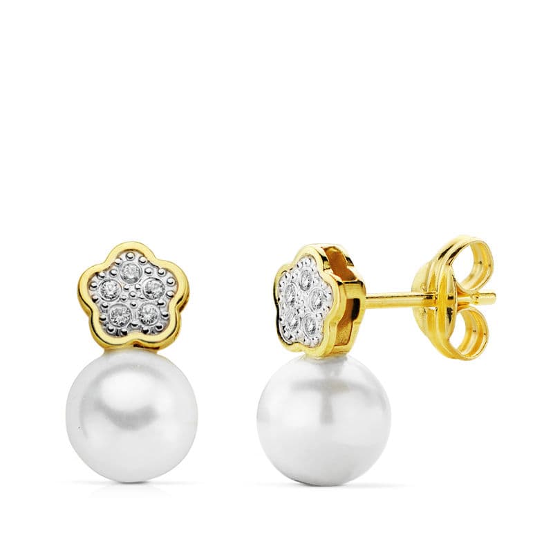 Cercei pentru împărtășanie 18K, aur în două nuanțe, perlă de flori, 12X6 mm, închidere pentru cărucior fluture