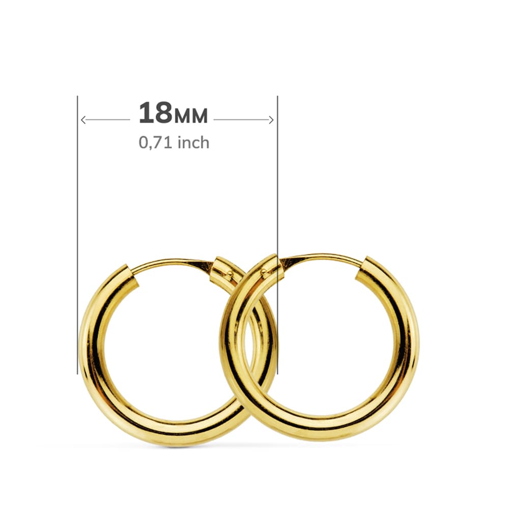 18K Boucles d'oreilles Créoles Rondes Lisses Légères en Or Jaune. 18X2.5 mm