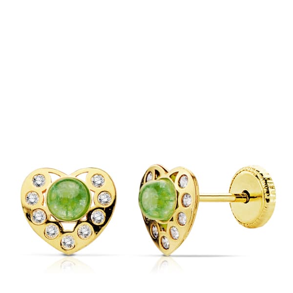 18K Boucles d'oreilles Or Jaune Coeur Piere Verte et Zircons