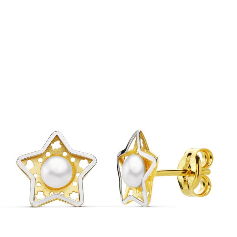 Pendientes Estrella Bicolor 18K 8X8 mm Cierre Mariposa