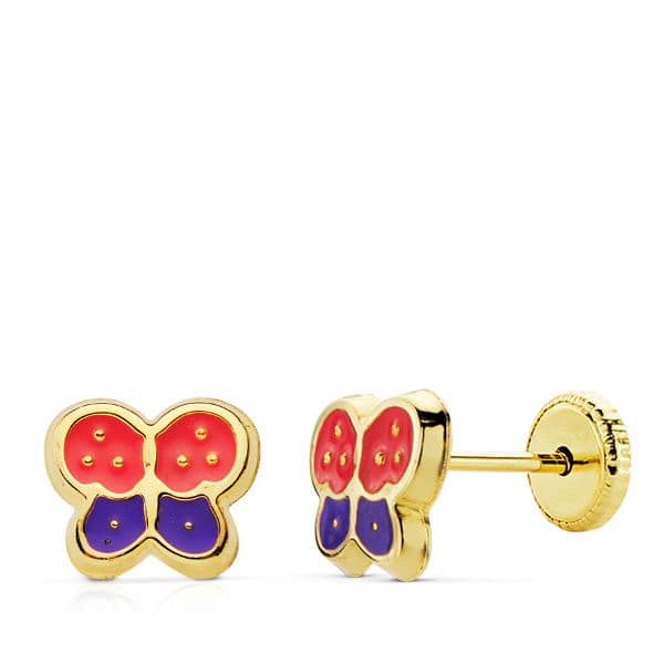 Brincos borboleta esmaltados rosa e lilás 18K com fecho de parafuso
