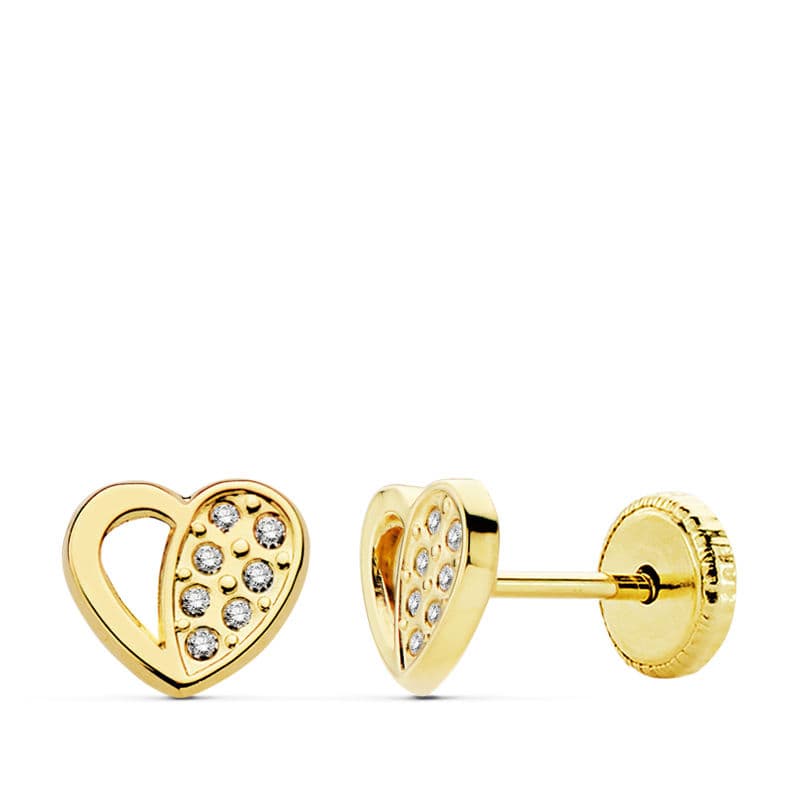 Pendientes Oro Amarillo 18K Corazón y Circonitas 7 X 6 mm Cierre Rosca