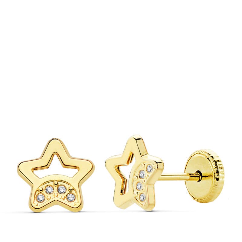 18K Boucles d'oreilles Or Jaune Etoile Zircons 7 mm Fermoir a Vis
