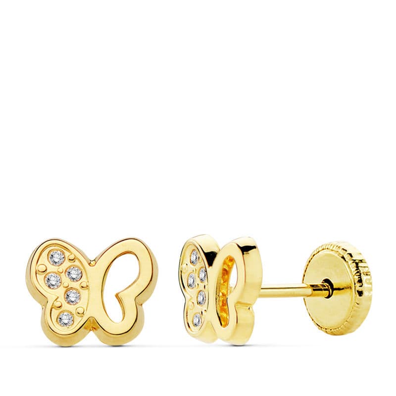 18K sárga arany pillangó cirkon fülbevaló 7 x 6 mm csavaros kapocs