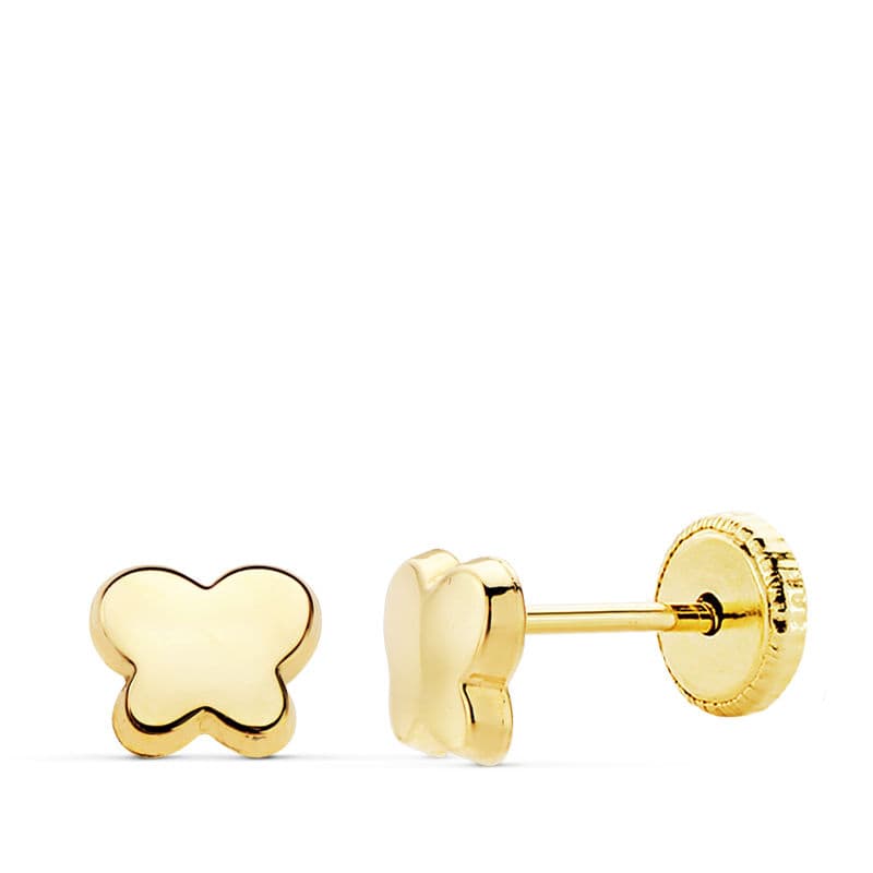 18K Boucles d'oreilles en Or Jaune Papillon Lisse. 5.5X4.5 mm Fermoir a Vis