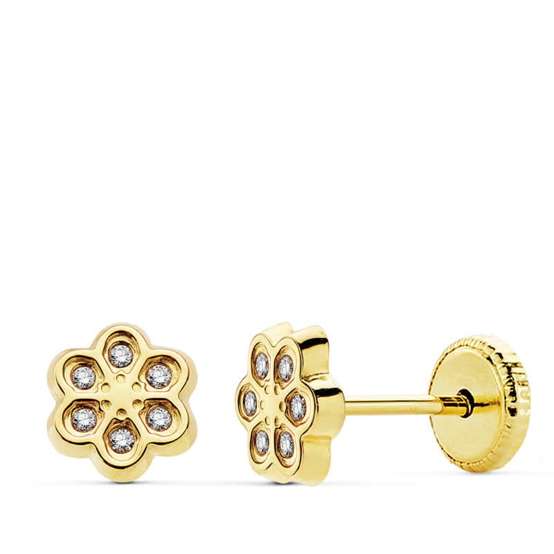 18K Boucles d'oreilles Or Jaune Fleur et Zircons 6.5 mm Fermoir a Vis