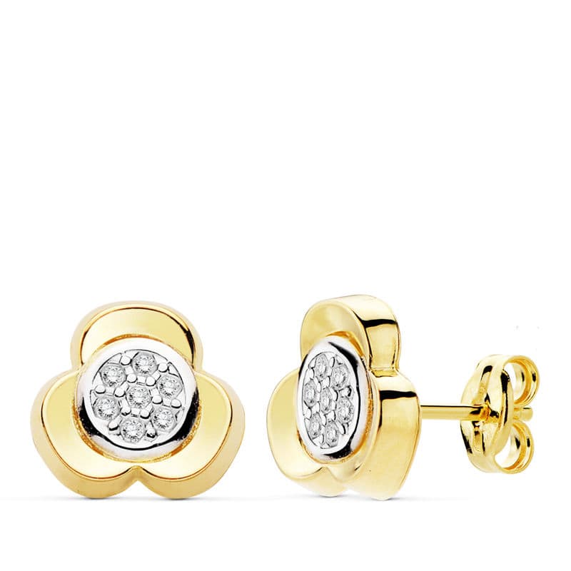 Cercei Clover din aur de 18K, zirconiu, în două tonuri, închidere fluture 10M
