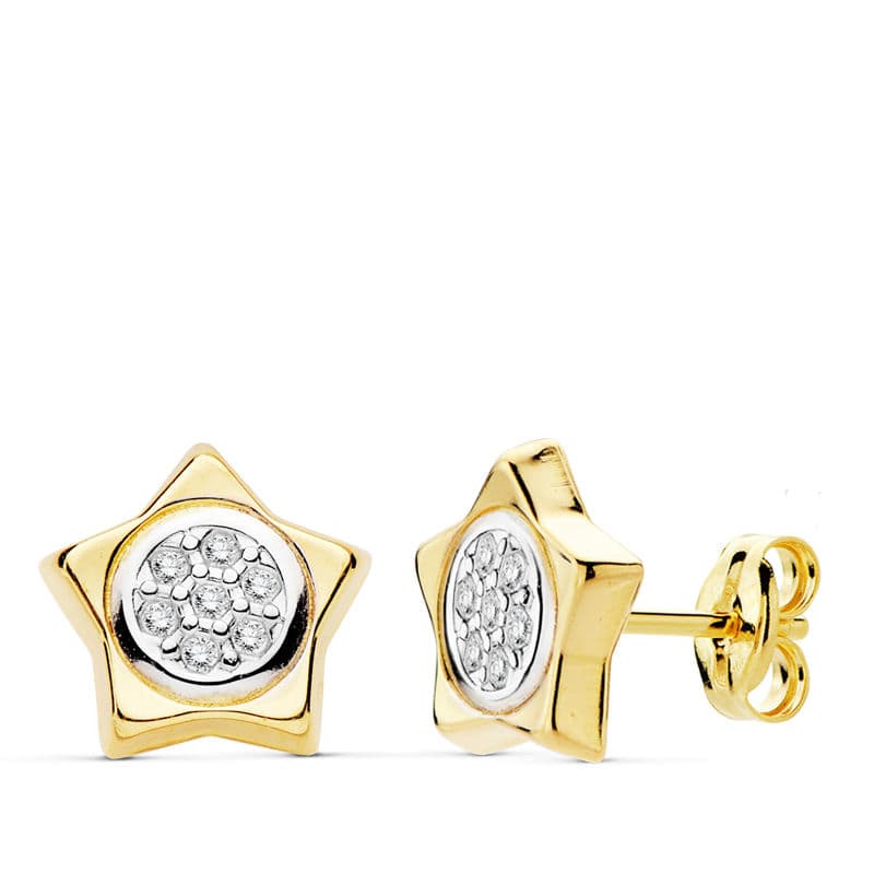 Pendientes Estrella Oro Bicolor 18K 9 X 9 mm Cierre Mariposa
