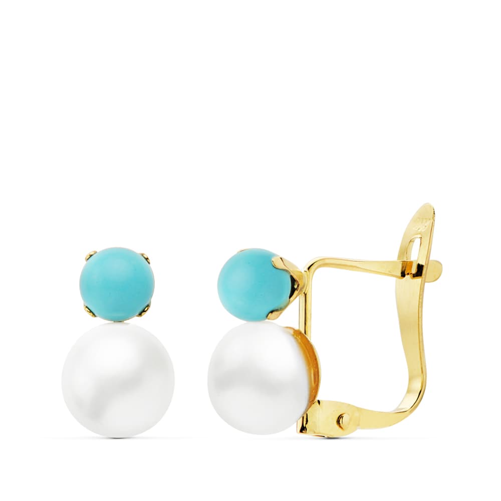 Boucles d'oreilles Or Jaune 18K Turquoise 3 mm Perle 6 mm Fermoir Catalan