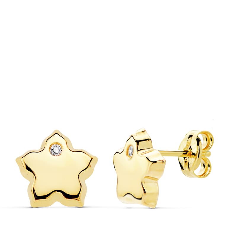 Boucles d'oreilles Fleur en Or Jaune 18K avec Zircon 7X7 mm Fermoir Poussettes Papillon