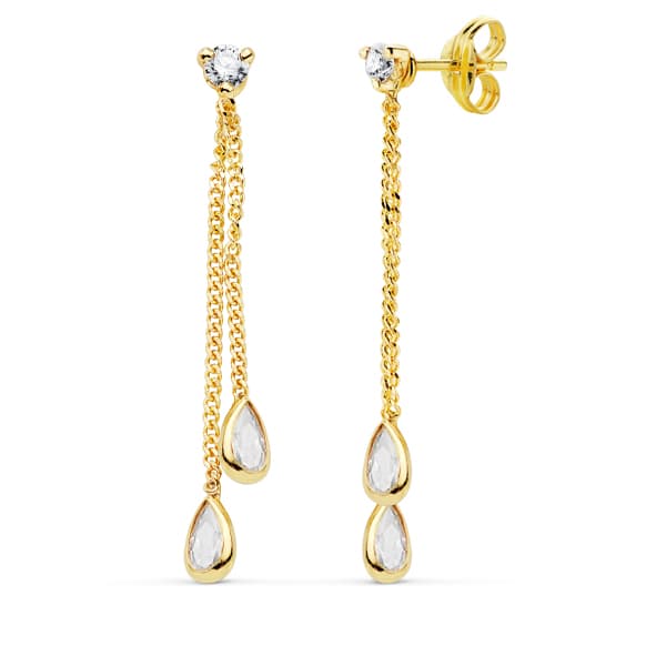 Boucles d'oreilles Or Jaune 18K Double Chaîne et Pierres Fermoir Poussettes Papillon