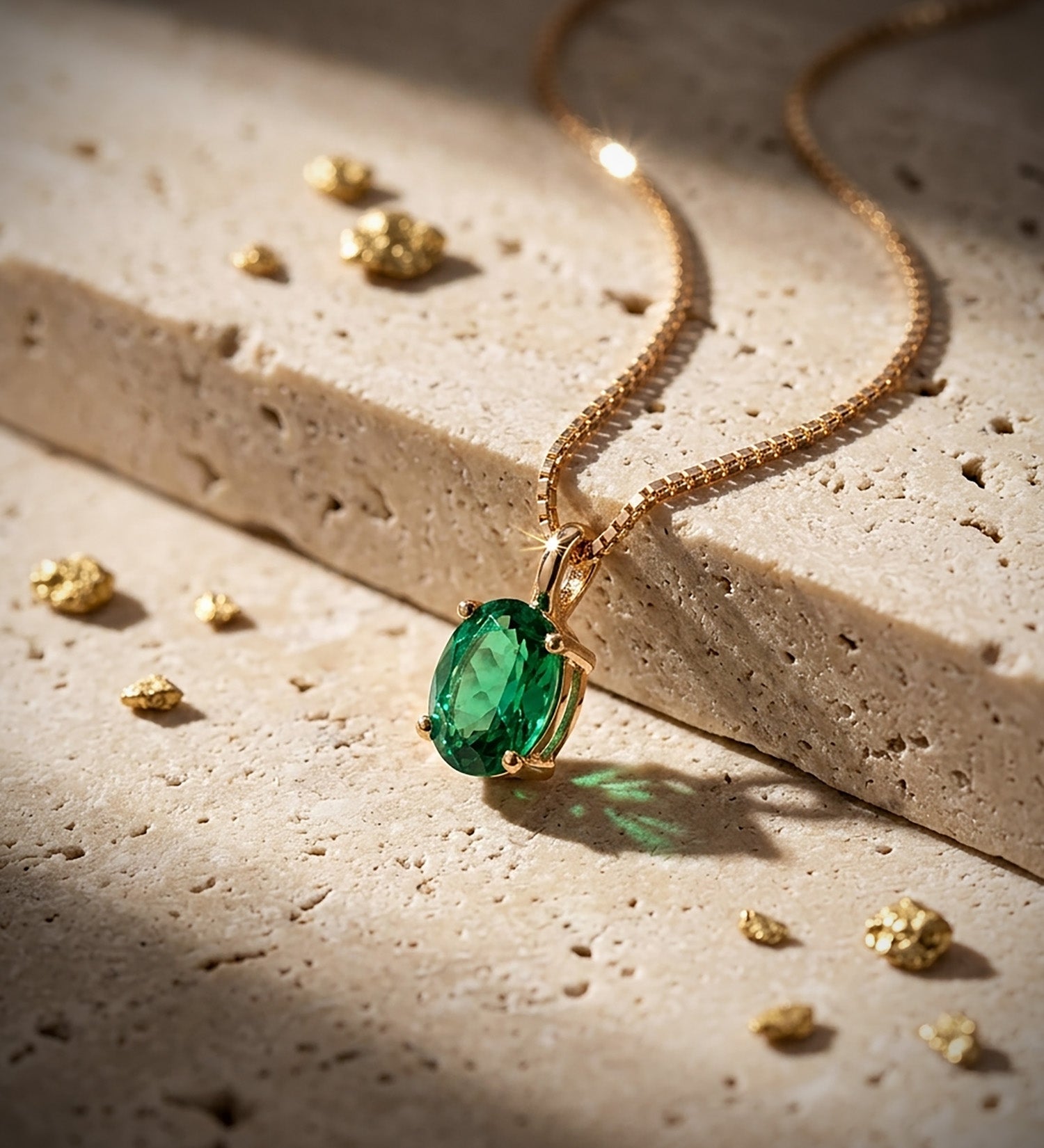 Pendentif en Or Jaune 18K Émeraude Recristallisée 7X5 mm 0,79 Ct Chaîne 42-3 Cm