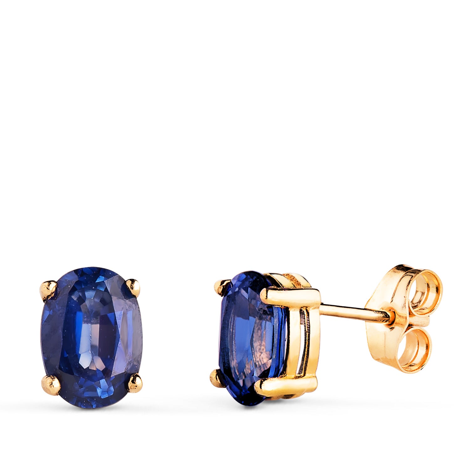 18K Boucles d'oreilles Or Jaune Saphir 7X5 Mm. 1.58 Cts