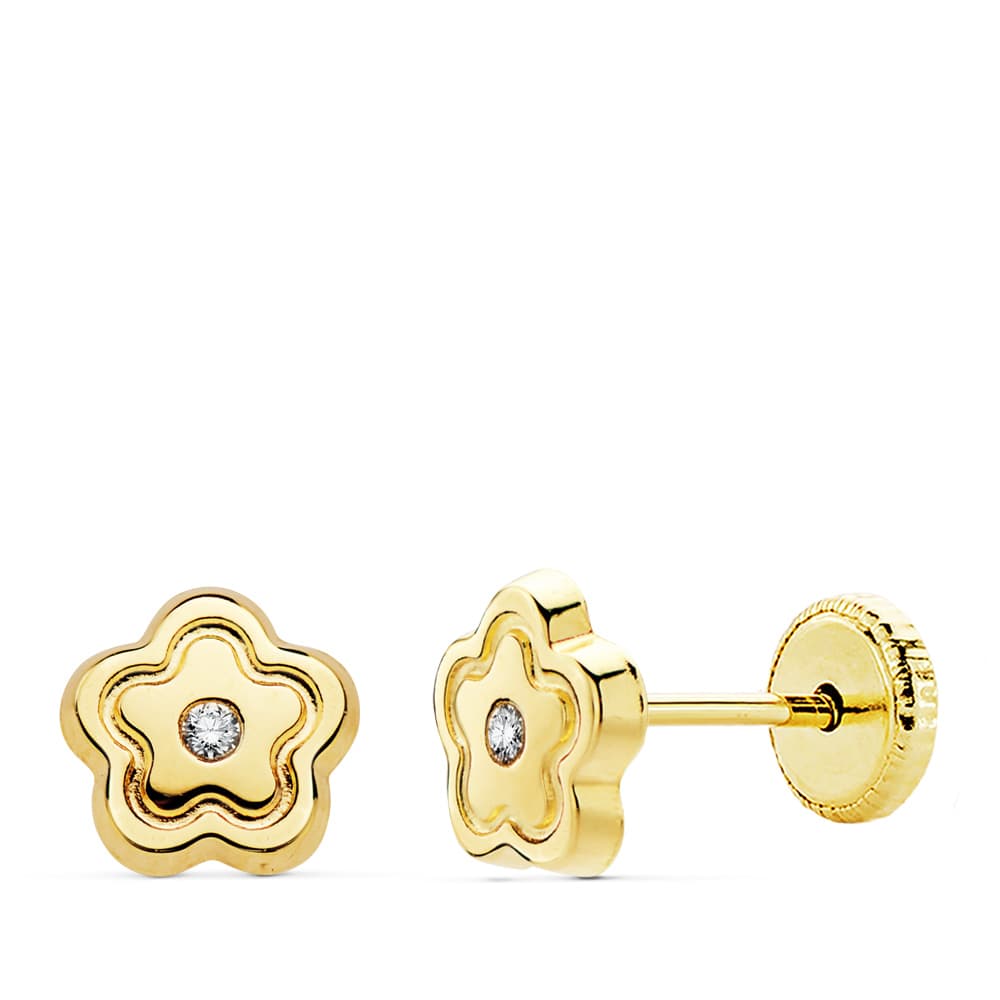 18K gult gull Zircon Flower øredobber 6X6 mm skruelås