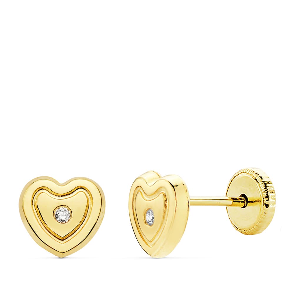 18K Boucles d'oreilles Or Jaune Coeur Zircons 6.5 X 6 mm Fermoir a Vis