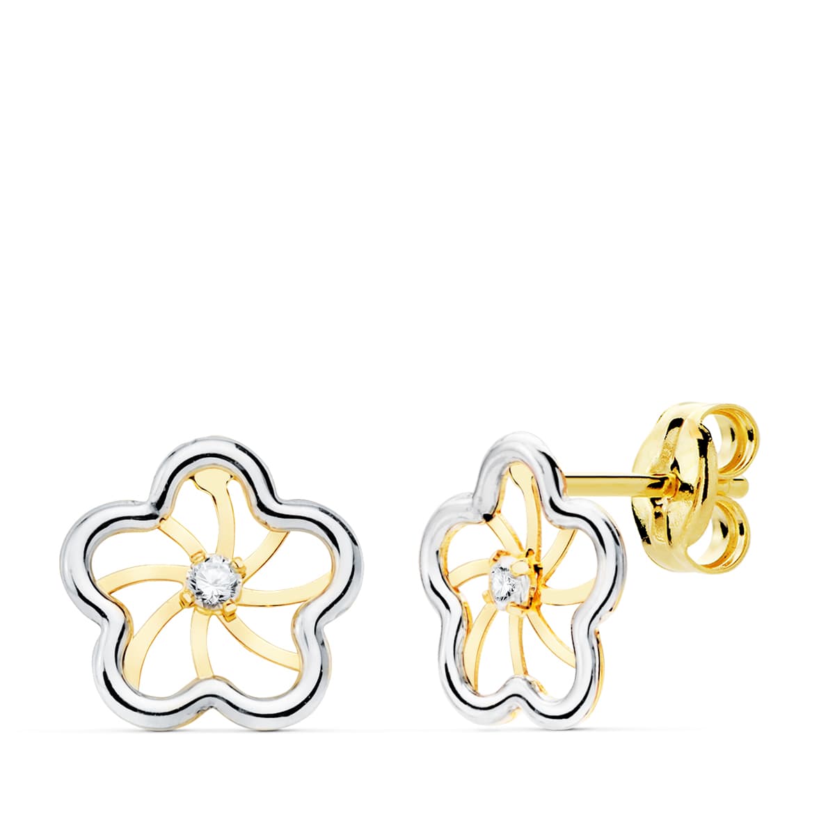 Pendientes Oro Bicolor Flor y Circonitas Cierre Mariposa 8 X8 mm
