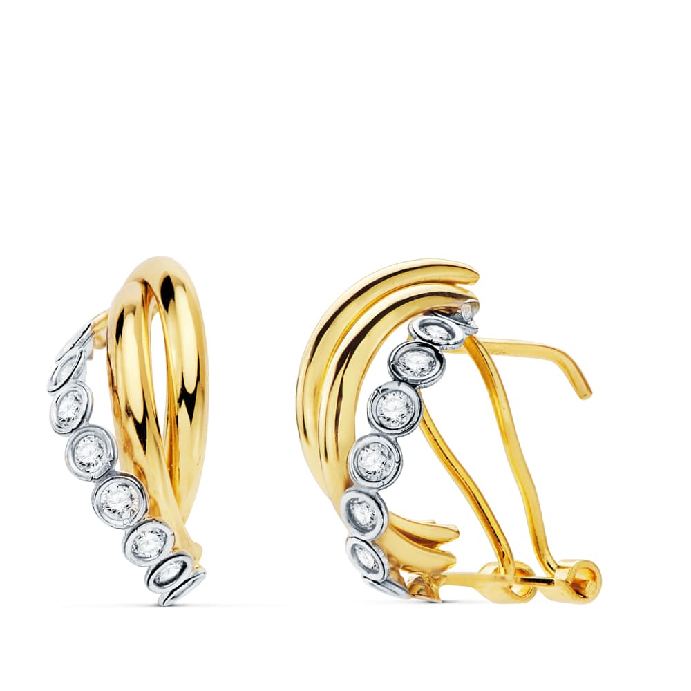 Pendientes Oro Bicolor 18K Bandas 17 X 8 mm Cierre Omega