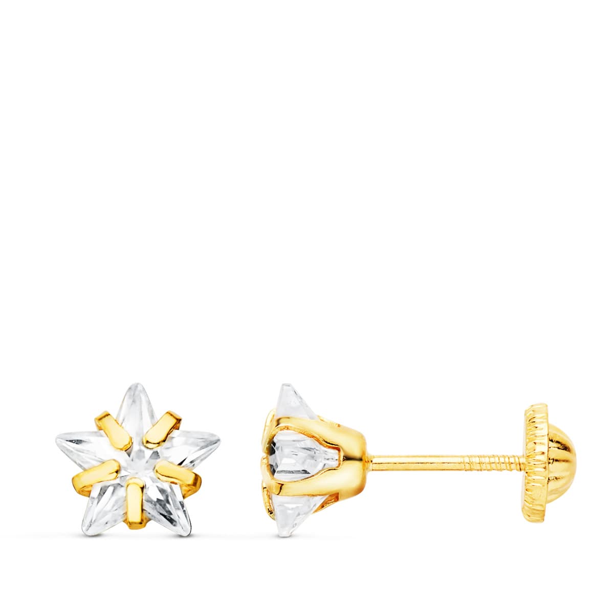 18K Boucles d'oreilles Or Jaune Zircon Etoile 6.5 X 6.5 mm Fermoir à Vis