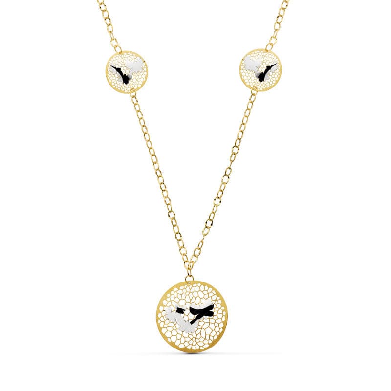 Colar em ouro bicolor 18K pingente redondo com borboletas 47 cm