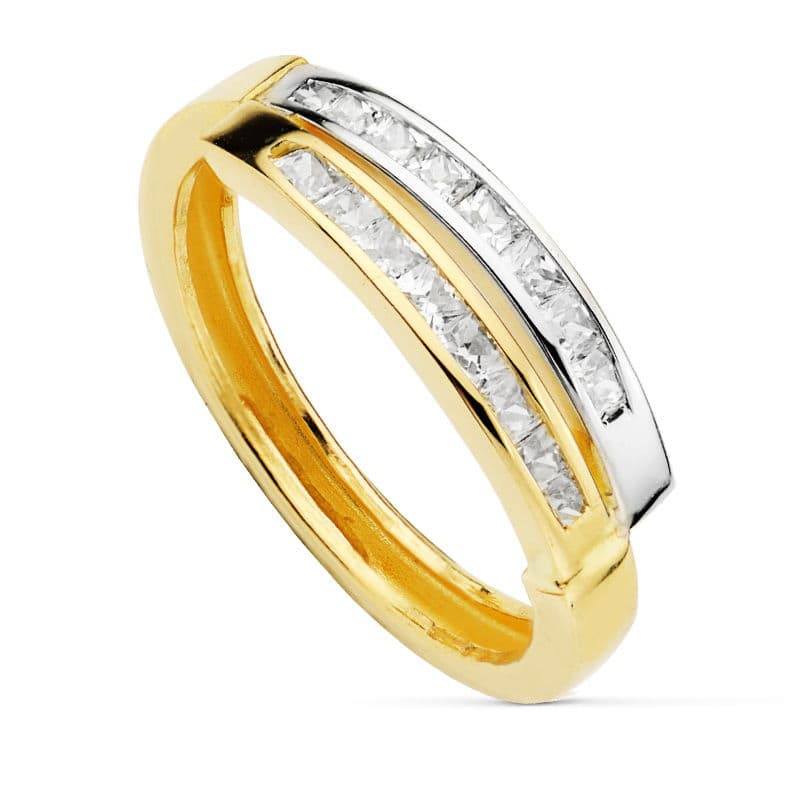 Bague en Or Bicolore 9K avec Bandes et Zircon sur Rail Largeur : 5 mm