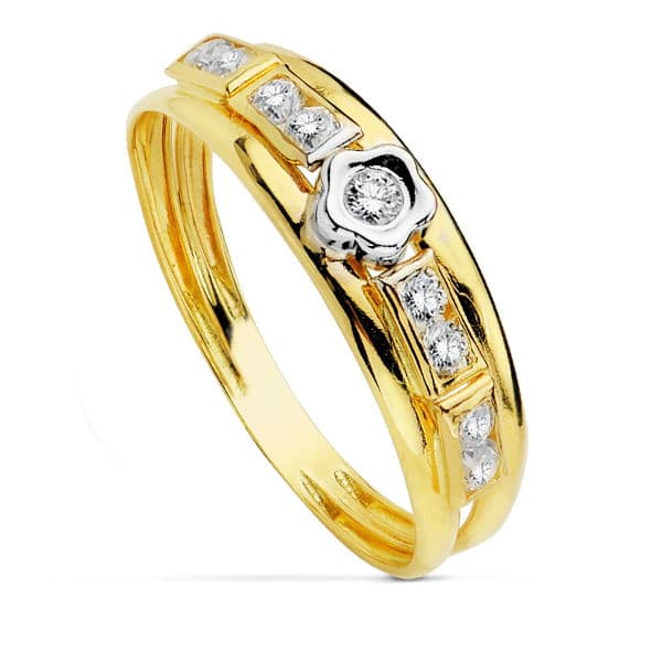 18K tofarvet guldring med blomst og zirkon Bredde: 5 mm