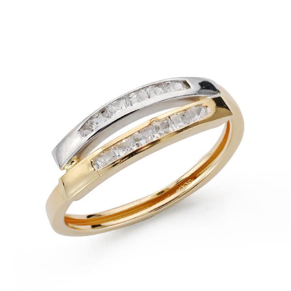Bague en Or Bicolore 9K avec Bandes avec Zircon sur Rail Largeur : 5,5 mm