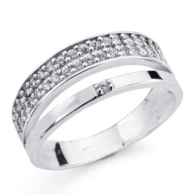 Bague en Or Blanc 9K Deux Bandes avec Zircon Largeur: 7 mm