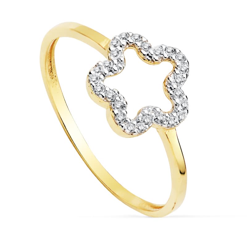 Bague en Or Bicolore 9K avec Fleur de Zircone Largeur : 9 X 9 mm