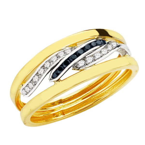 Bague en Or Bicolore 9K avec Bandes de Zircone Blanche et Bleue Largeur : 6,5 mm