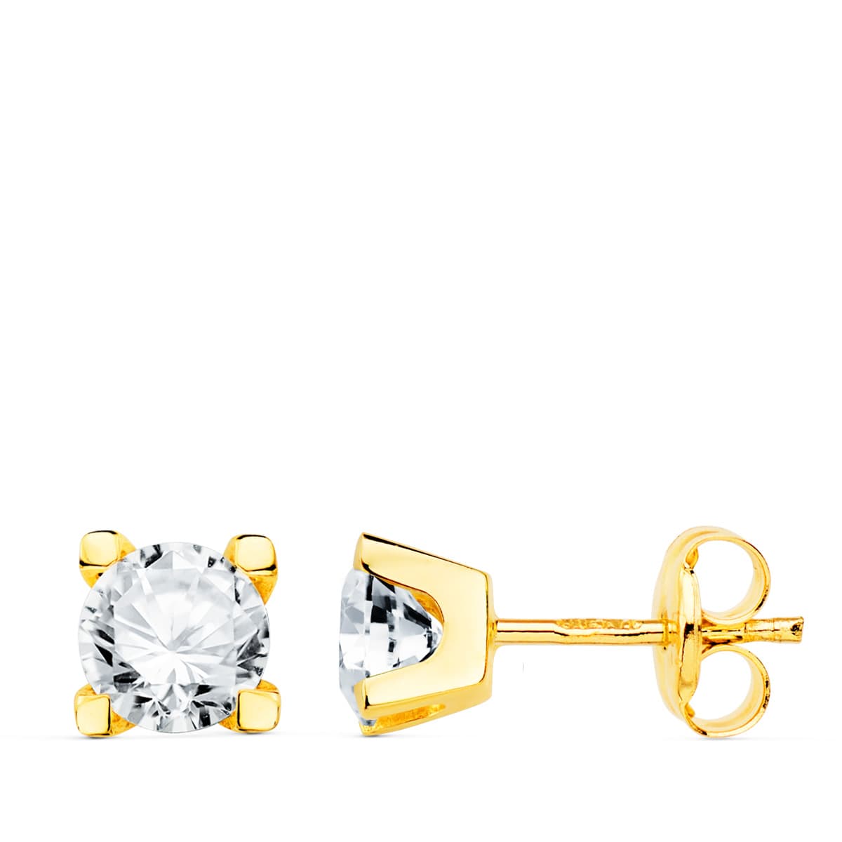 18K Boucles d'oreilles Or Jaune Zircons 5 mm Serti 4 Griffes Fermoir Poussettes