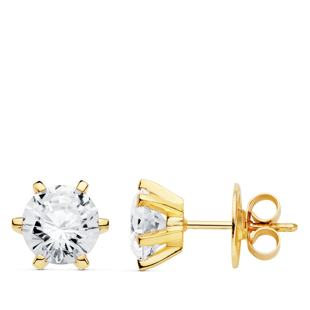 Boucles d'oreilles Or Jaune 18K 6 Griffes Zircone 8X8 mm Fermoir Poussettes Papillon