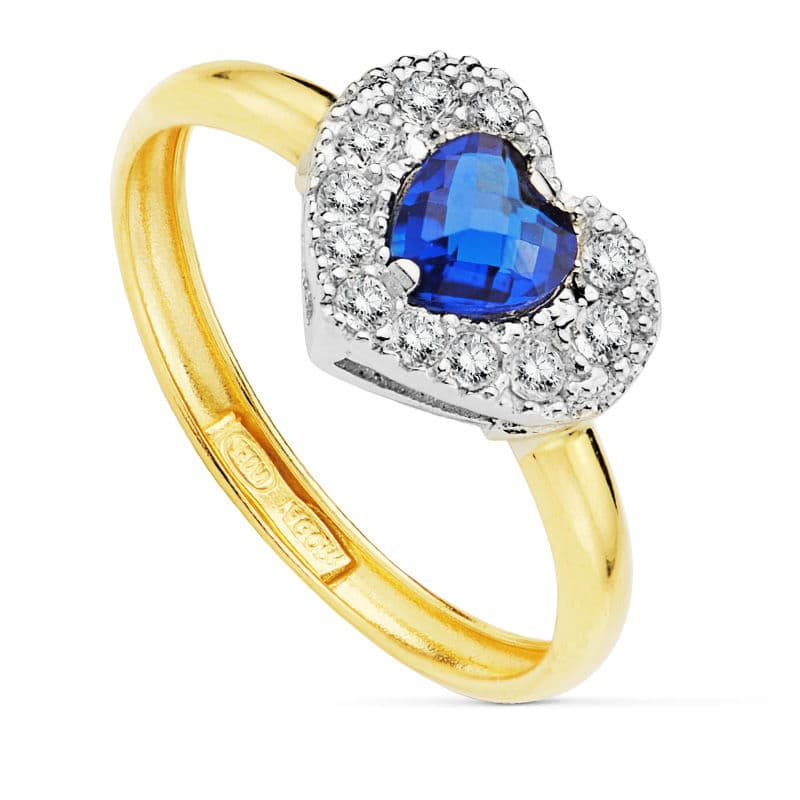 9K tweekleurige gouden ring met blauw zirkonia hart en zirkoon Maat: 12X 10MM