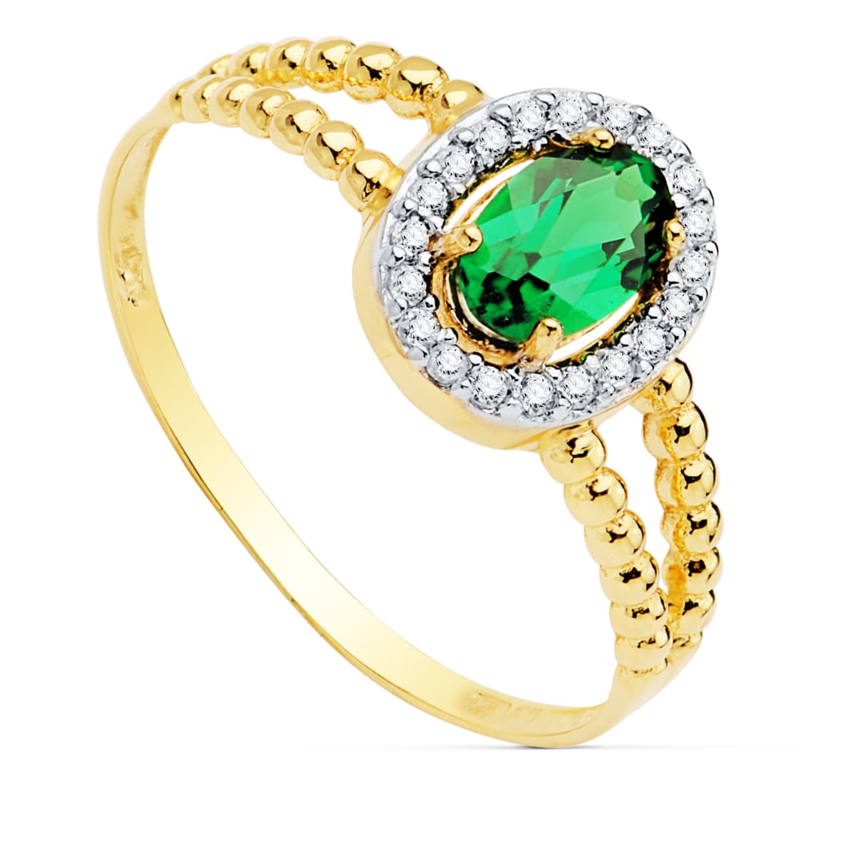Anel em ouro bicolor 18K com esmeralda recristalizada 6 x 4 mm com zircônia Largura: 9,5 mm
