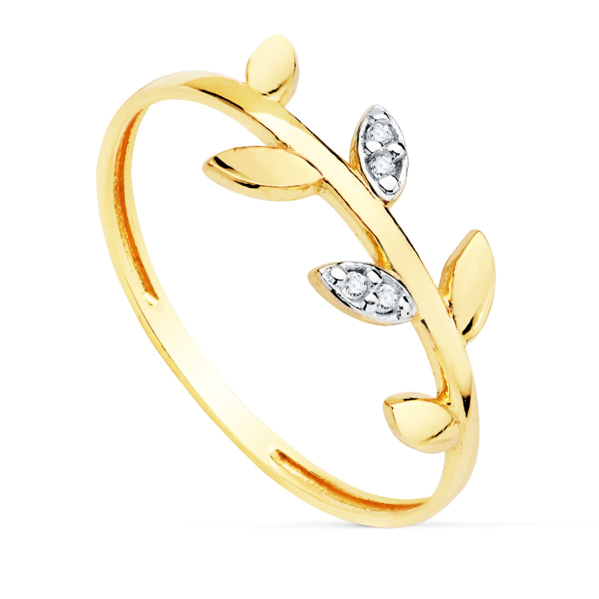 18K Two-tone Gold Ring with Smooth Leaf Sides and Zirconia