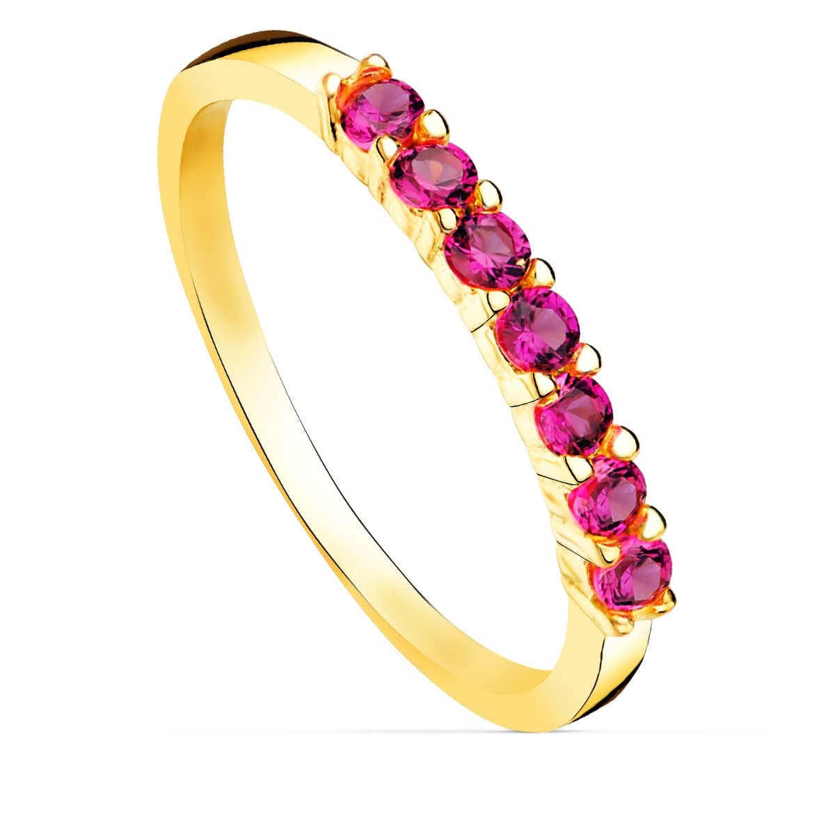 Ring aus 18-karätigem Gelbgold, 7 rote Zirkone, Ringbreite 2 mm