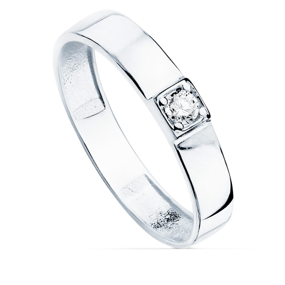 18K Bague en Or Blanc Brillant 1 Zircon Largeur 3.5 mm