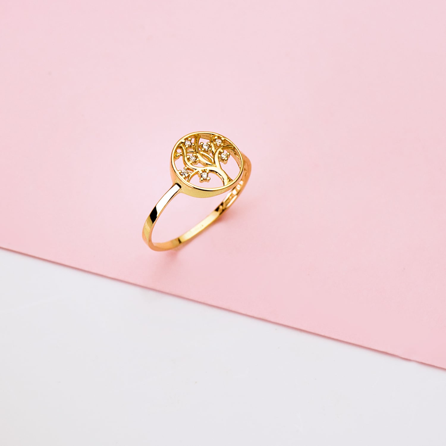 18K gult guld Tree of Life Ring & Zirkon 10MM Ring Bredd 1,2 mm