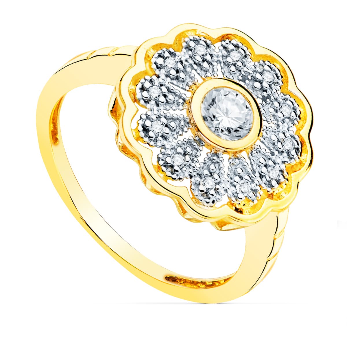 18K Two-tone Gold Ring with Zircons 14 mm Central Zircon 4 mm