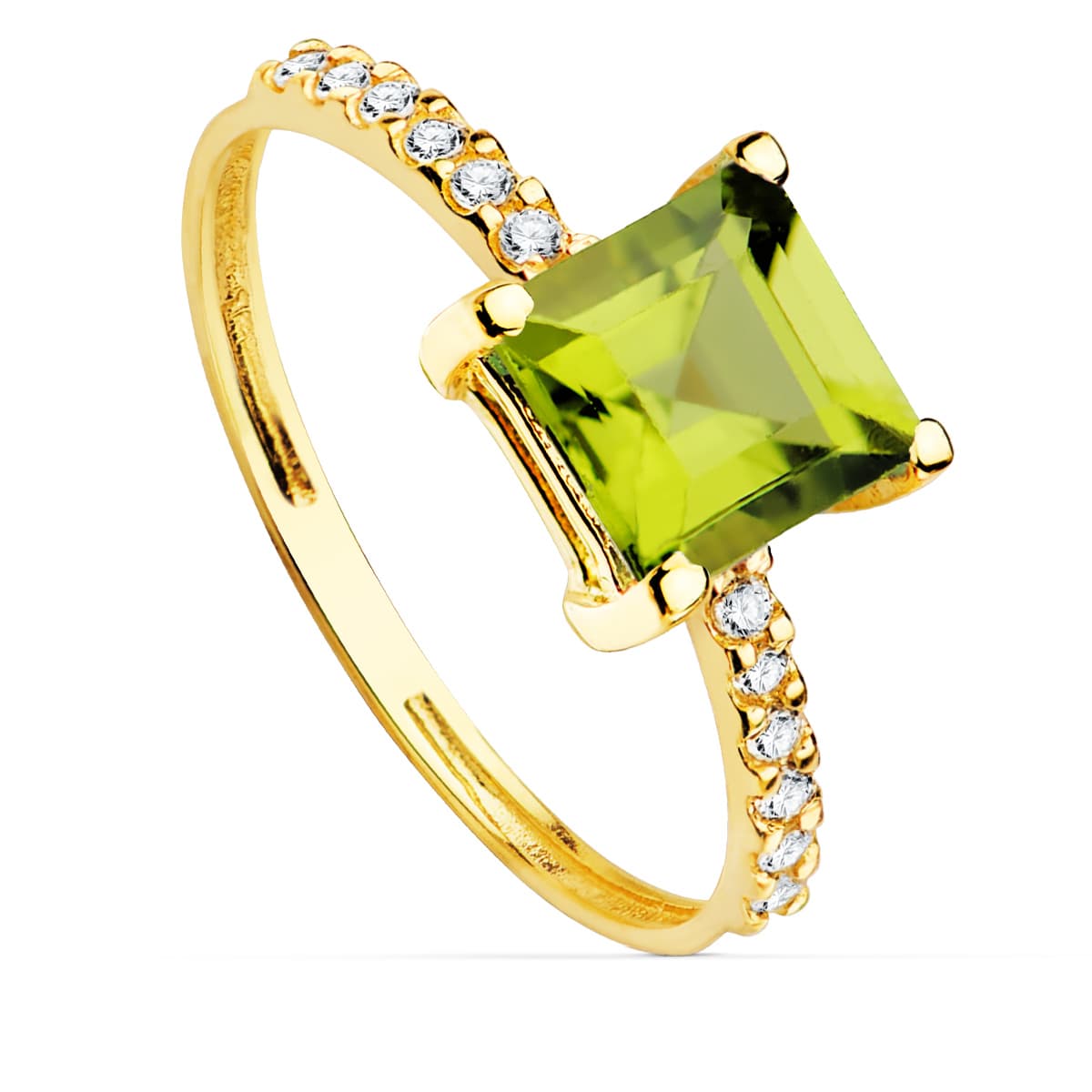 18K Bague Or Jaune Zircons et Péridot 6X6 mm Largeur Anneau 1.5 mm