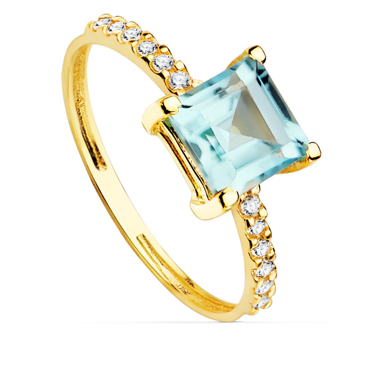 18K gul guld ring zirkoner og blå topaz 6x6 mm kropsbredde 1,5 mm