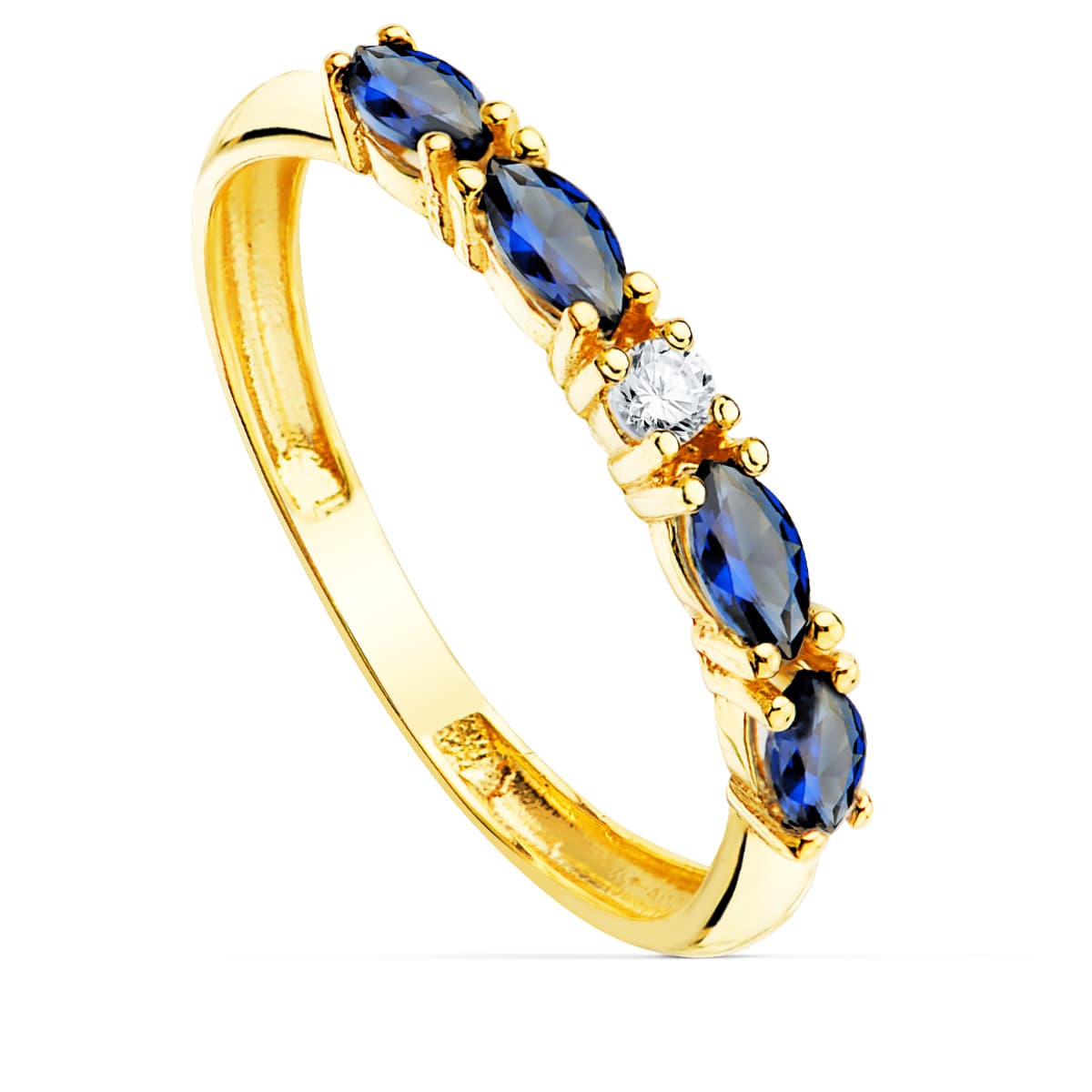 18K Bague Or Jaune 4 Zircons Bleue Taille Marquise Largeur 2 mm