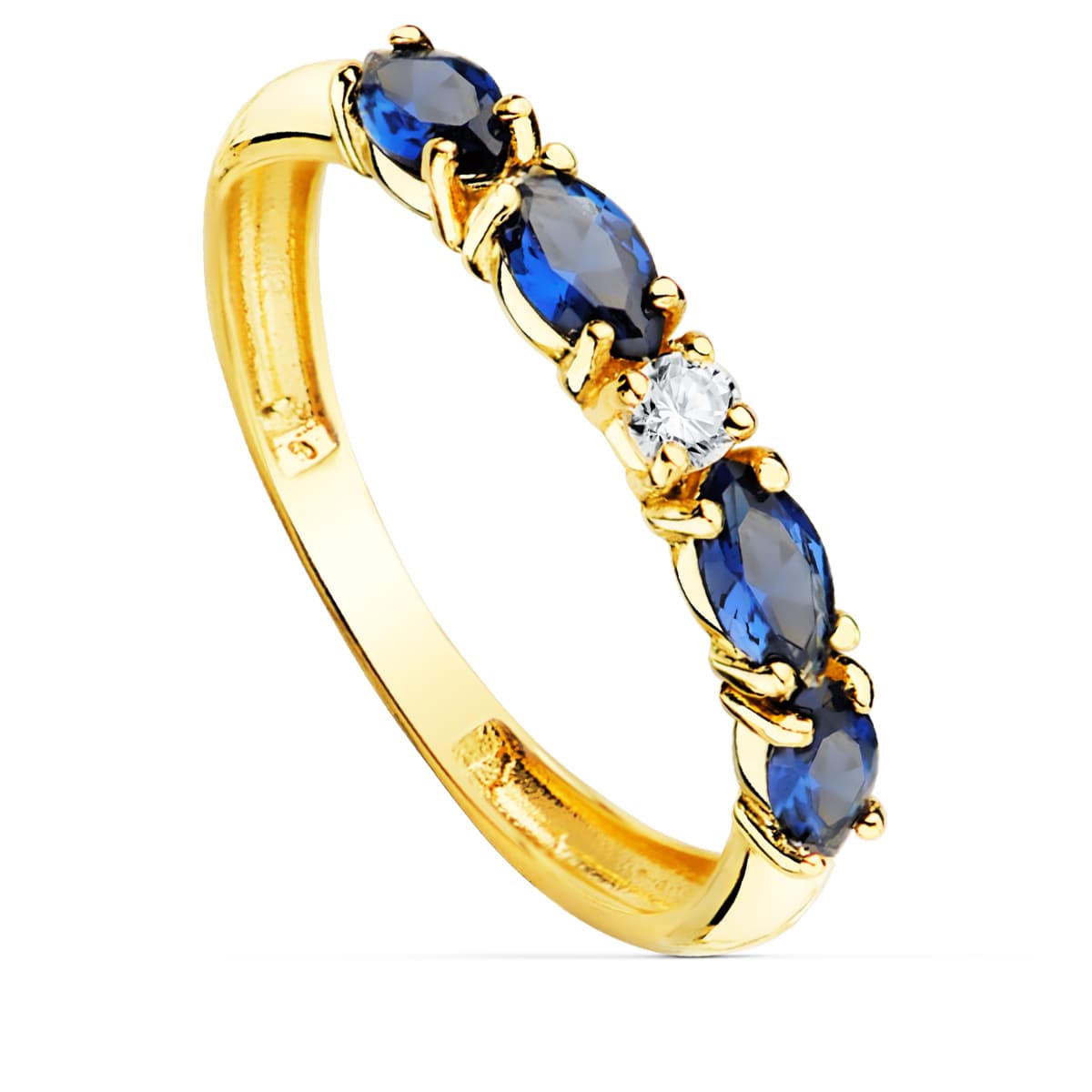 Anillo Oro Amarillo 18K 4 Circonitas Azules Talla Marquesa Ancho 2.5 mm