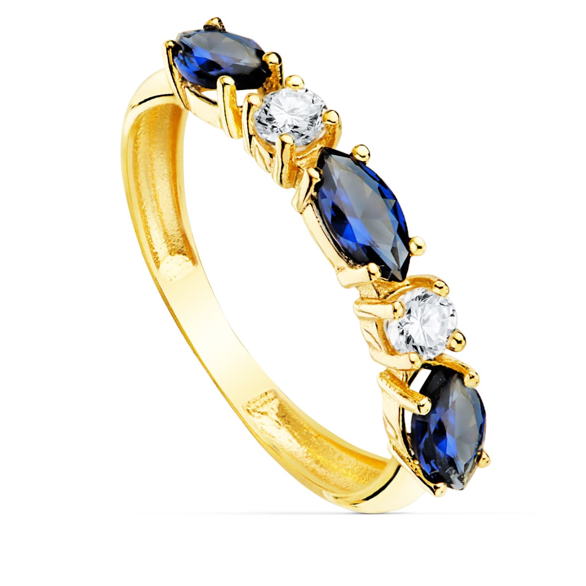 18K gult guld Ring 3 blå zirkoner Marquise Storlek 3 mm